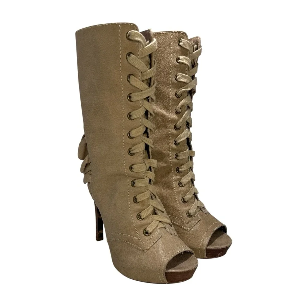 Betsey Johnson Open Toe Stiletto Leather Booties Ruffle Open Heel Lace Up 8.5M